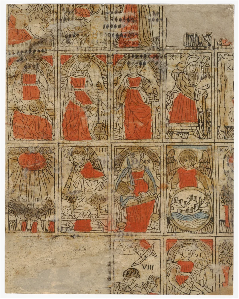 A surviving sheet of Italian Tarocchi cards, with hand-colored figures and trumps, around 1500.